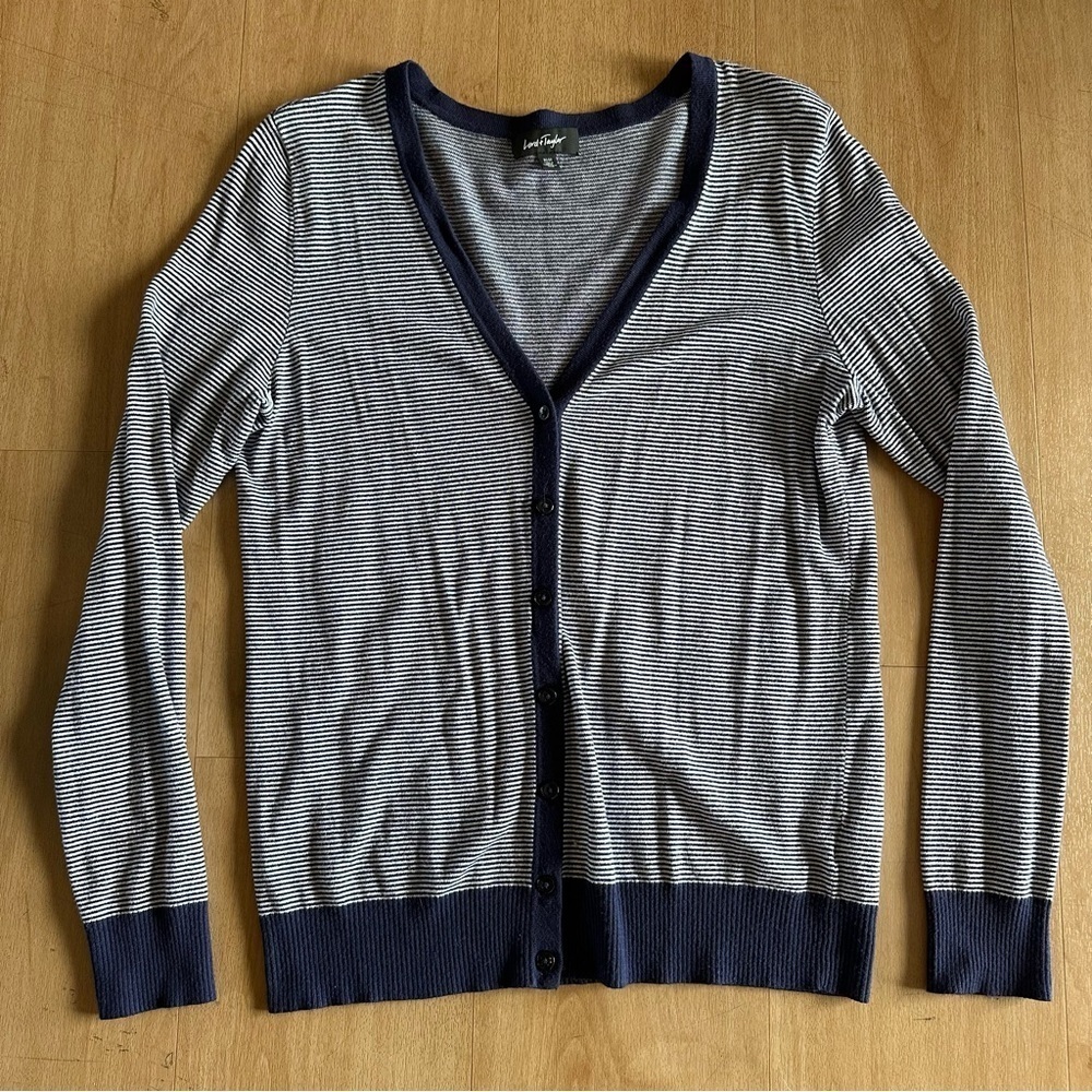 Lord + Taylor Blue and White Striped Button Down Cardigan Sweater